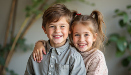 Joyful siblings sharing a warm embraceの素材