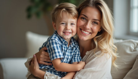 Joyful mother and son sharing a warm embraceの素材