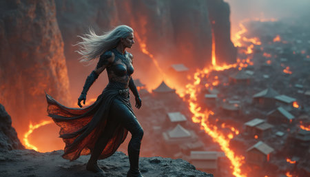 Fierce warrior woman standing against a fiery landscapeの素材