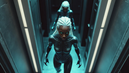 Futuristic woman in sleek black suit with glowing eyesの素材