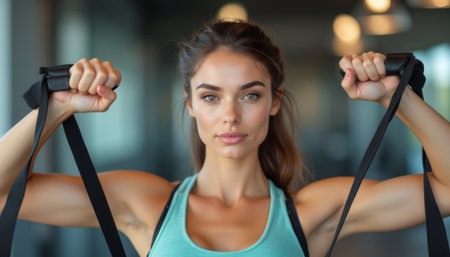 Confident woman showcasing strength with resistance bandsの素材