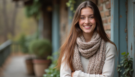 Smiling woman in cozy sweater and scarfの素材
