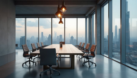 Modern conference room with stunning city skyline viewの素材