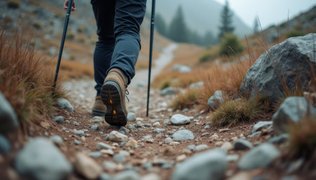 Hiker trekking through a rocky mountain pathの素材