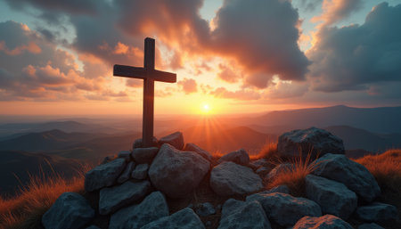 Majestic cross silhouetted against a breathtaking sunsetの素材