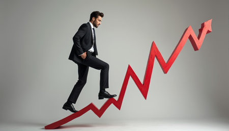 Businessman stepping up on a rising graphの素材