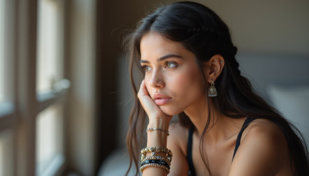 Thoughtful woman gazing out the windowの素材