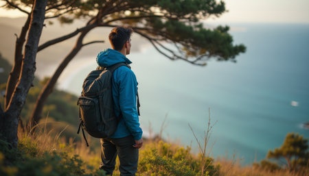 Adventurous hiker gazing at the serene ocean viewの素材