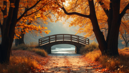 Serene autumn landscape with a wooden bridgeの素材
