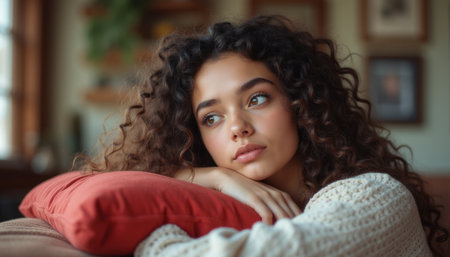 Thoughtful young woman resting on a pillowの素材