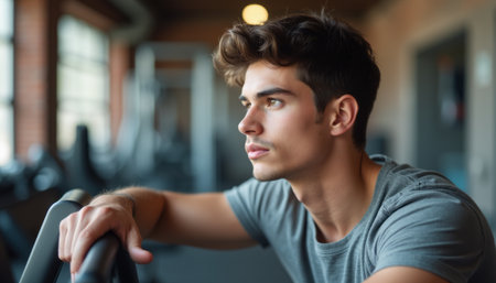 Contemplative young man in a gym settingの素材