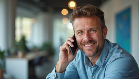 Smiling man talking on the phone in a modern officeの素材