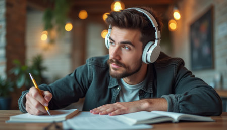 Focused young man studying with headphones in a cozy cafÃ©の素材