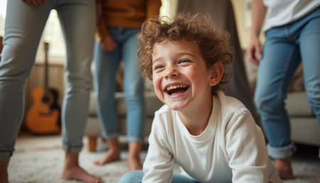 Joyful child laughing amidst familyの素材