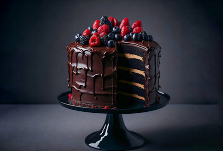 summer berry cake decorated with marshmallows and chocolate ganache on a white tablecloth. Healthy dessert breakfast, snack, morning table. gray wall background. High quality photoの素材
