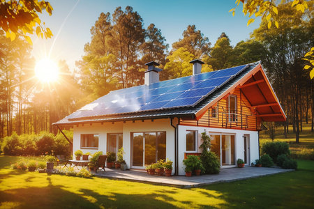 Photo collage of solar panels, photovoltaics on the roof of a house and a beautiful sky with the setting sun. Alternative electricity source. Concept of sustainable resources. High quality photoの素材