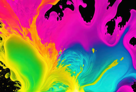 Rainbow colors. Psychedelic multi colored patterns background. Colorful paint splashes on black background. Generative AI. High quality photoの素材
