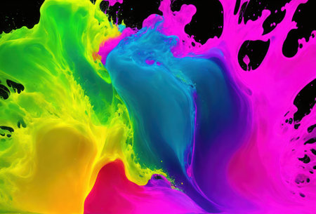 Rainbow colors. Psychedelic multi colored patterns background. Colorful paint splashes on black background. Generative AI. High quality photoの素材
