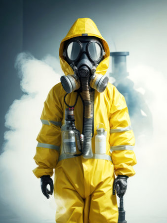 A person donned in a hazardous material suit and respirator, illustrating the essential safety measures in dealing with dangerous substances. AI generated. high quality photoの素材