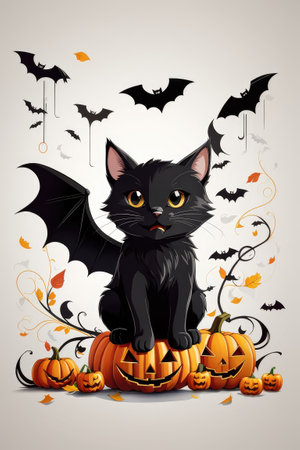 halloween black cat on a gray background. place for text Copy space. High quality photoの素材