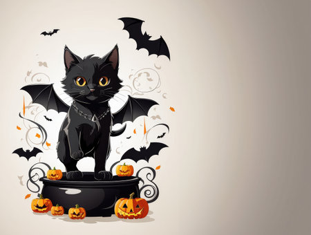 halloween black cat on a gray background. place for text Copy space. High quality photoの素材