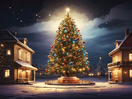 Christmas village with Christmas tree. Winter snowy small cozy street with lights in houses. Winter holidays night time backdrop. Merry Christmas vintage retro illustration background. High quality photoの素材
