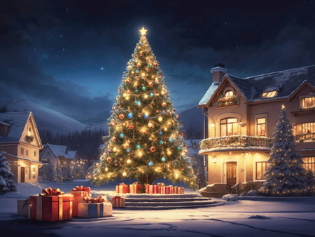 Street decorated for the holidays. Festive Celebration with Christmas Tree and Decorations. christmas card. Merry christmas and happy new year concept. Christmas village with Christmas tree. Winter snowy small cozy street with lights in houses. Winter holidays night time backdrop. Merry Christmas vintage retro illustration backgroundの素材