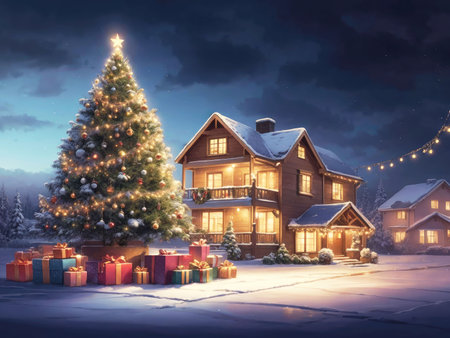 Christmas village with Christmas tree. Winter snowy small cozy street with lights in houses. Winter holidays night time backdrop. Merry Christmas vintage retro illustration background. High quality photoの素材