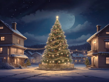 Street decorated for the holidays. Festive Celebration with Christmas Tree and Decorations. christmas card. Merry christmas and happy new year concept. Christmas village with Christmas tree. Winter snowy small cozy street with lights in houses. Winter holidays night time backdrop. Merry Christmas vintage retro illustration backgroundの素材
