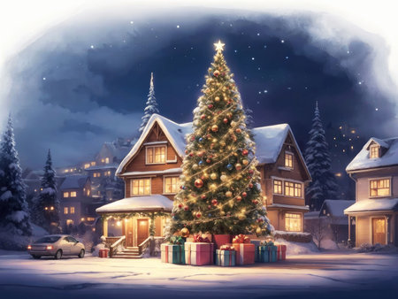 Street decorated for the holidays. Festive Celebration with Christmas Tree and Decorations. christmas card. Merry christmas and happy new year concept. Christmas village with Christmas tree. Winter snowy small cozy street with lights in houses. Winter holidays night time backdrop. Merry Christmas vintage retro illustration backgroundの素材