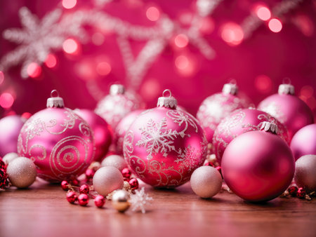 pink christmas balls ornaments with snowflakes. High quality photoの素材