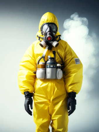A person donned in a hazardous material suit and respirator, illustrating the essential safety measures in dealing with dangerous substances. AI generated. High quality photoの素材