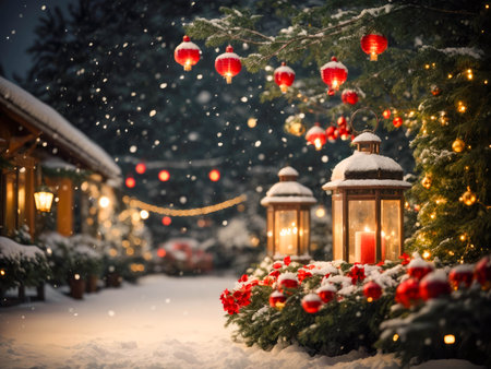 Merry christmas and happy new year concept. Exterior of a suburban house decorated with garland for christmas and the new year holidays. High quality photoの素材