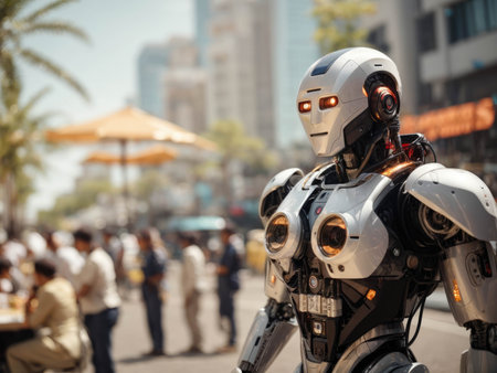 AI robots helping humans to work. futuristic city showing prosperity and everyone living in harmony. High quality photoの素材
