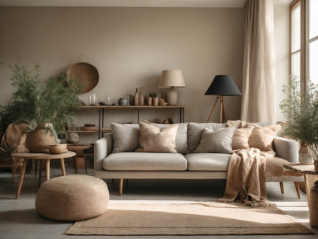 interior of a living room with minimalistic furniture with traditional architectural details and farmhouse textiles, muted colors, natural materials. High quality photoの素材