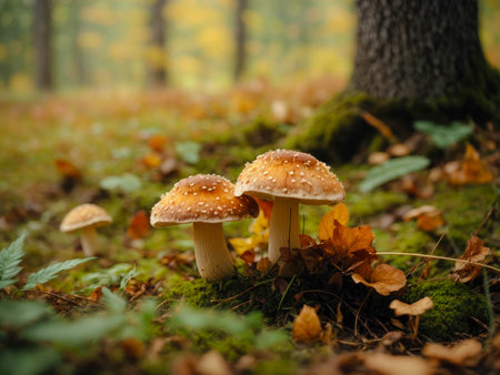beautiful closeup of forest mushrooms in grass, autumn season, side view. Autumn honey agaric (Latin Armillaria mellea). High quality photoの素材