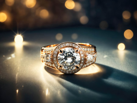 Catalogue Photography of a ring sparkling under a spotlight, reflective background. photo of wedding ring . High quality photoの素材