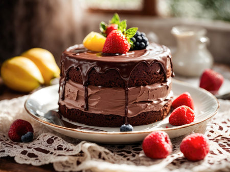 chocolate cake covered with icing and fruit stands on a beautiful lace napkin. High quality photoの素材