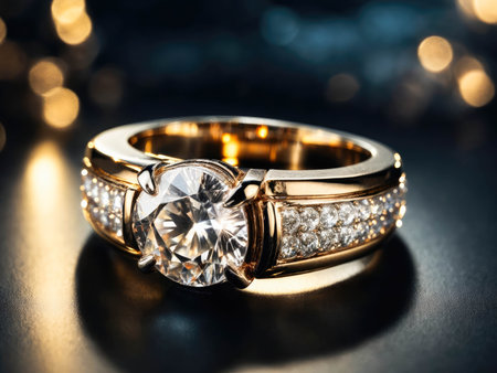 Catalogue Photography of a ring sparkling under a spotlight, reflective background. photo of wedding ring . High quality photoの素材