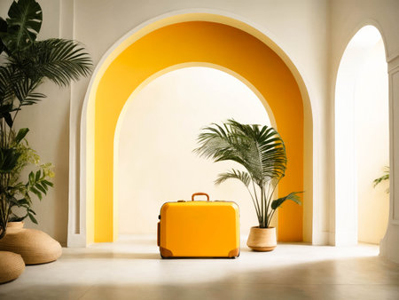 minimalist shot of yellow suitcase in front of the large white wall with abstract arch opening, muted exotic rainforest in background. High quality photoの素材