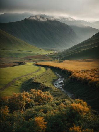 landscape. field, mountains and sky in warm colors. Mountains with meadow, sunlight, twilight, sunlight in warm colors. High quality photoの素材