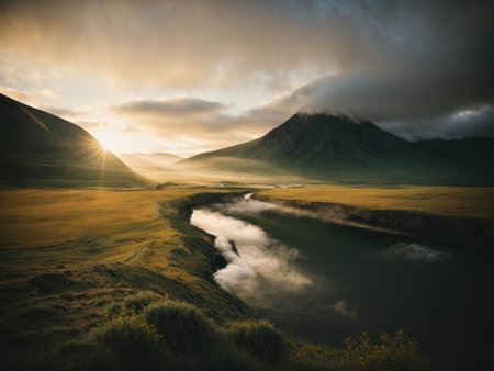 landscape. field, mountains and sky in warm colors. Mountains with meadow, sunlight, twilight, sunlight in warm colors. High quality photoの素材