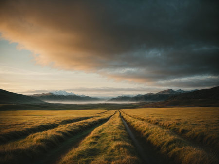 landscape. field, mountains and sky in warm colors. Mountains with meadow, sunlight, twilight, sunlight in warm colors. High quality photoの素材