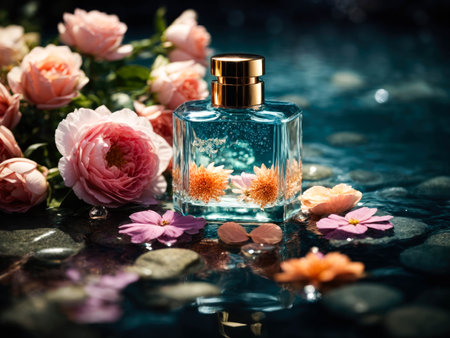 perfume bottle with fresh flowers on blurred background. perfume bottle, lying on the water surface, with flowers. perfume fragrance. mock up. High quality photoの素材