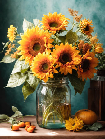 Watercolor bouquet of sunflowers in a vase. Colorful of Florals, Sunflower, Wild Flowers bouquet in mason jar. Clipart . High quality photoの素材