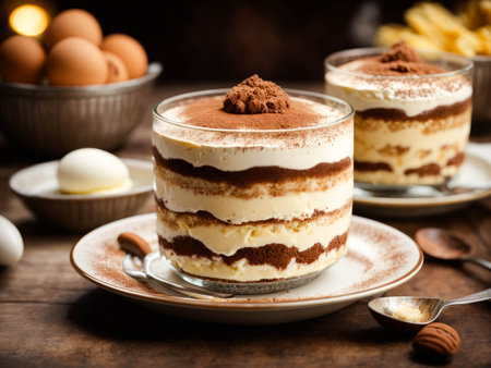 Close up on a portion of gourmet tiramisu Italian dessertの素材