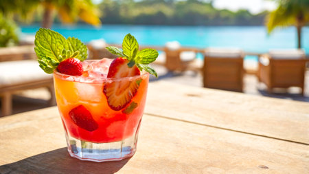 Colorful tropical cocktail garnished with a strawberry and mint, on a sunny outdoor table with copy space. High quality photoの素材