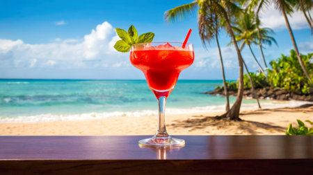 Vibrant red cocktail with mint garnish, served in a tall glass against a tropical backdrop with copy space. High quality photoの素材