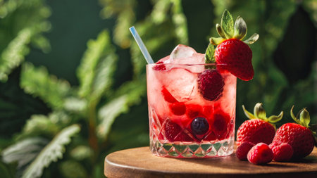 Refreshing berry cocktail in a glass with ice, surrounded by fresh strawberries and raspberries, against a lush green backdrop with copy space. High quality photoの素材