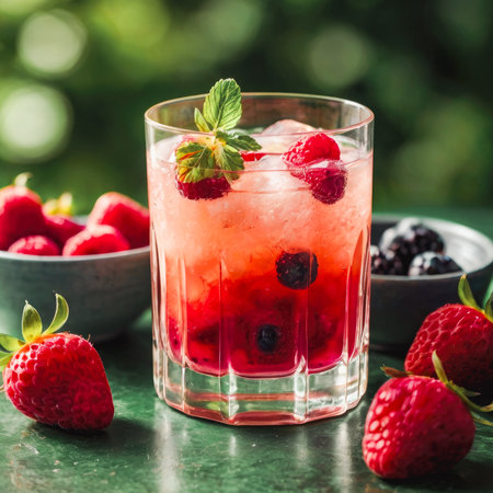 Refreshing berry cocktail in a glass with ice, surrounded by fresh strawberries and raspberries, against a lush green backdrop with copy space. High quality photoの素材